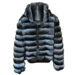 Mens Blue and Black Chinchilla Fur Hooded Bomber Jacket