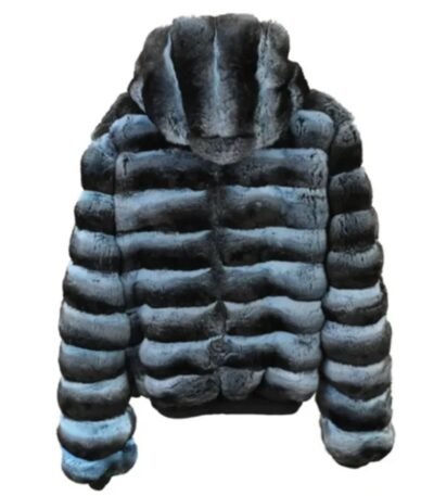 Mens Blue and Black Chinchilla Fur Hooded Bomber Jacket