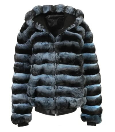 Mens Blue and Black Chinchilla Fur Hooded Bomber Jacket