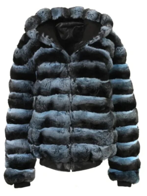 Mens Blue and Black Chinchilla Fur Hooded Bomber Jacket