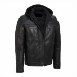 Men’s Brando Style Black Leather Hooded Motorcycle Jacket
