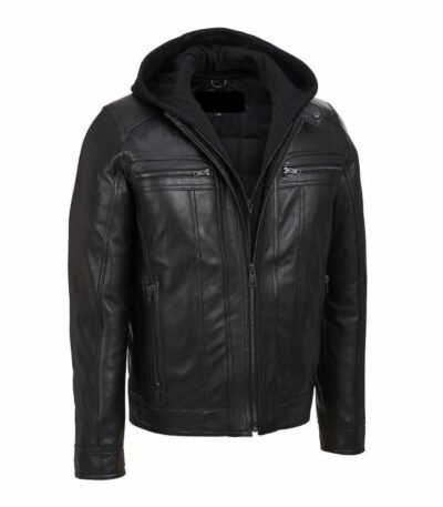 Men’s Brando Style Black Leather Hooded Motorcycle Jacket