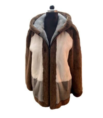 Mens Brown and Beige Colorblock Mink Fur Jacket