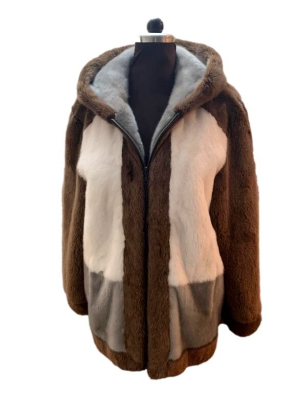 Mens Brown and Beige Colorblock Mink Fur Jacket