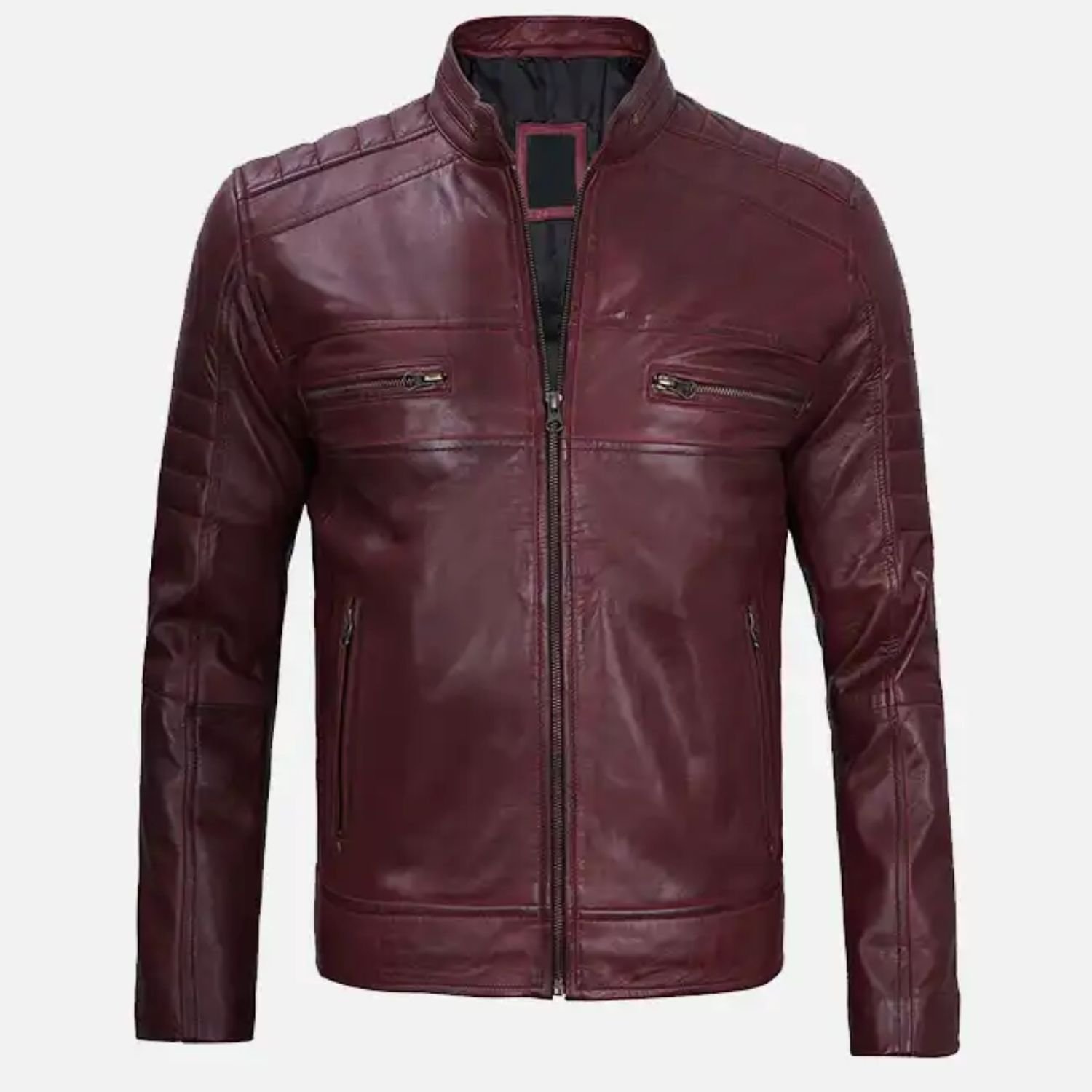 Men's Cafe Racer Distressed Maroon Jacket Men's Cafe Racer Distressed Maroon Jacket