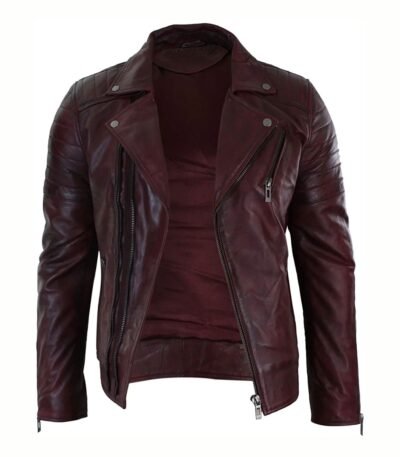 Mens Classic Aged Cintree Cut Diagonal Burgundy Biker Jacket
