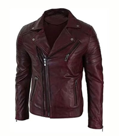 Mens Classic Aged Cintree Cut Diagonal Burgundy Biker Jacket