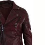 Mens Classic Aged Cintree Cut Diagonal Burgundy Biker Jacket