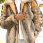 Mens Cross Fox Fur Beige Grey Shaded Bomber Jacket
