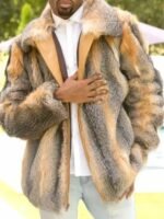 Mens Cross Fox Fur Beige Grey Shaded Bomber Jacket