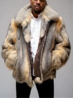 Mens Cross Fox Fur Beige Grey Shaded Bomber Jacket