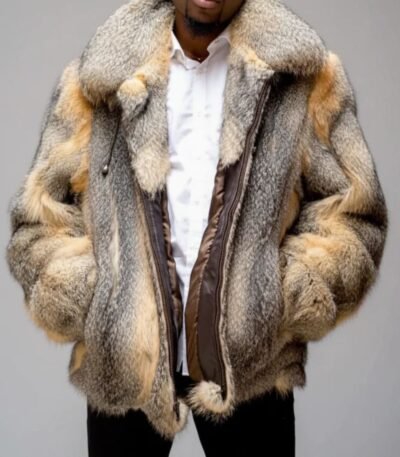 Mens Cross Fox Fur Beige Grey Shaded Bomber Jacket