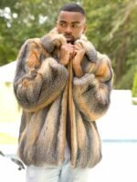 Mens Cross Fox Fur Beige Grey Shaded Bomber Jacket