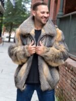 Mens Cross Fox Fur Beige Grey Shaded Bomber Jacket