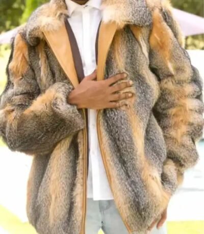 Mens Cross Fox Fur Beige Grey Shaded Bomber Jacket