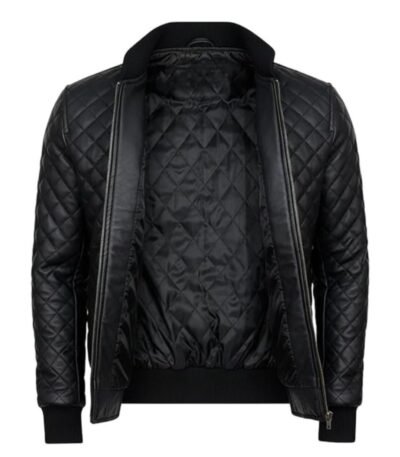 Mens Diamond Quilted Black Bomber Leather Jacket