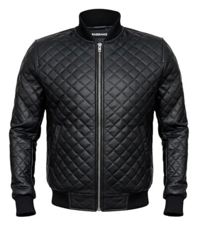 Mens Diamond Quilted Black Bomber Leather Jacket