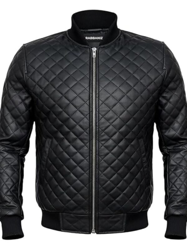 Mens Diamond Quilted Black Bomber Leather Jacket