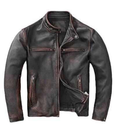 Mens Distressed Black Real Moto Leather Jacket