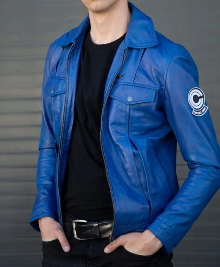 Mens Dragon Ball Future Trunks Blue Leather Jacket