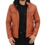 Mens Edward Tan Leather Jacket with Hood