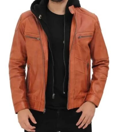 Mens Edward Tan Leather Jacket with Hood