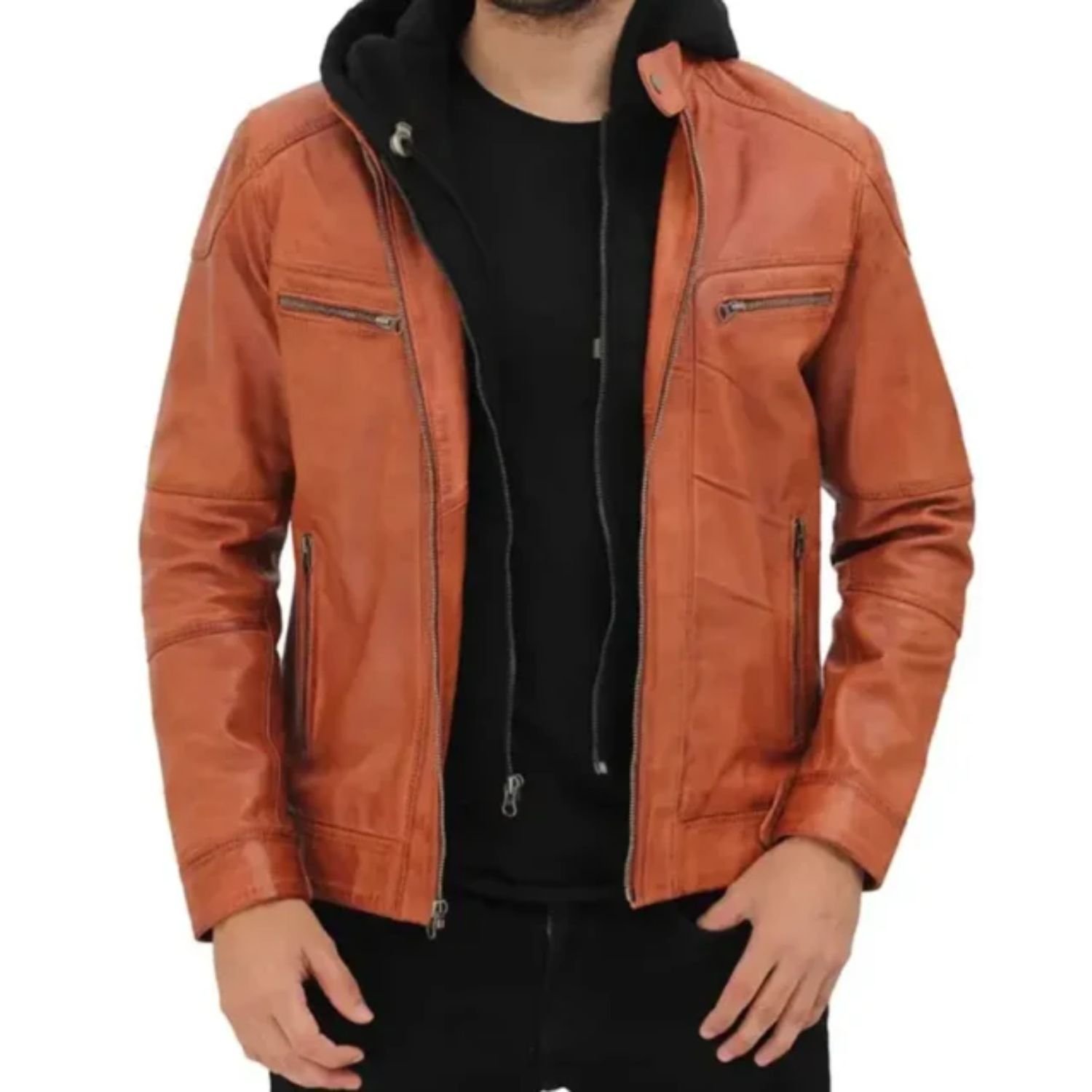 Mens Edward Tan Leather Jacket with Hood Mens Edward Tan Leather Jacket with Hood