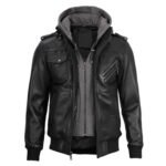 Men’s Ferndale Black Leather Bomber Jacket with Hood