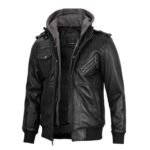 Men’s Ferndale Black Leather Bomber Jacket with Hood