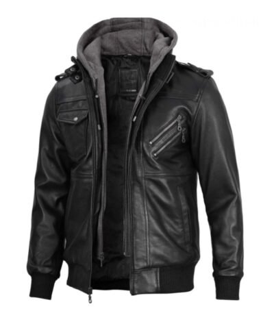 Men’s Ferndale Black Leather Bomber Jacket with Hood