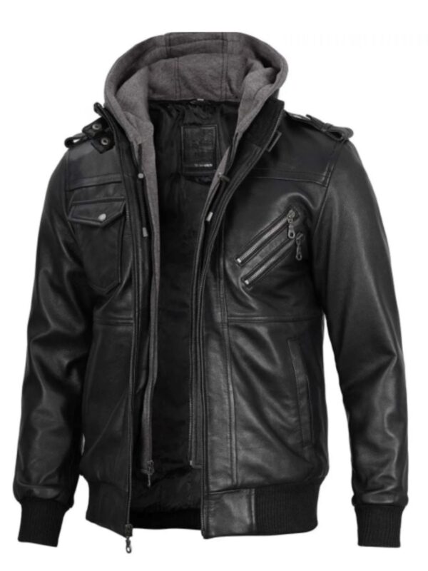 Men’s Ferndale Black Leather Bomber Jacket with Hood