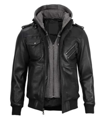 Men’s Ferndale Black Leather Bomber Jacket with Hood