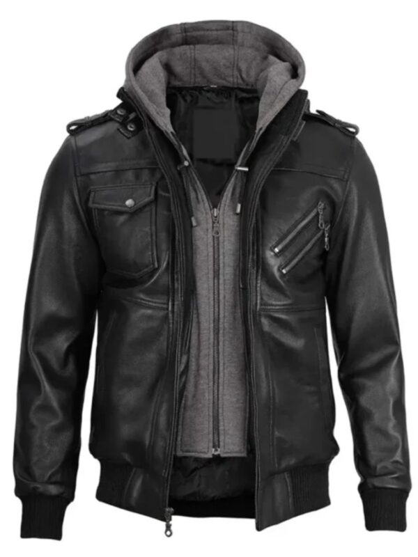 Men’s Ferndale Black Leather Bomber Jacket with Hood