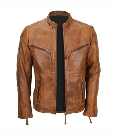 Mens Fitted Tan Brown Biker Jacket