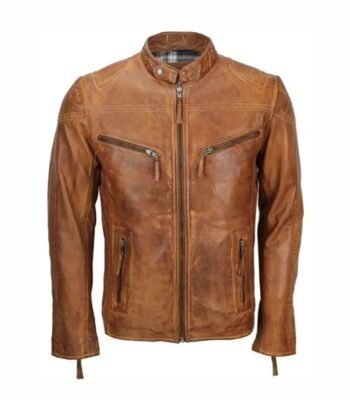 Mens Fitted Tan Brown Biker Jacket