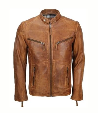 Mens Fitted Tan Brown Biker Jacket