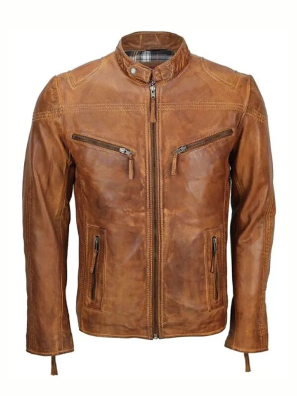 Mens Fitted Tan Brown Biker Jacket