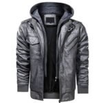Mens Motorcycle Bomber Removable Hood Grey Leather Jacket