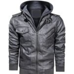 Mens Motorcycle Bomber Removable Hood Grey Leather Jacket