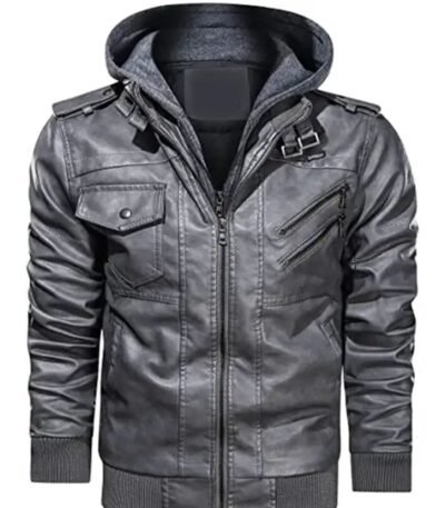 Mens Motorcycle Bomber Removable Hood Grey Leather Jacket