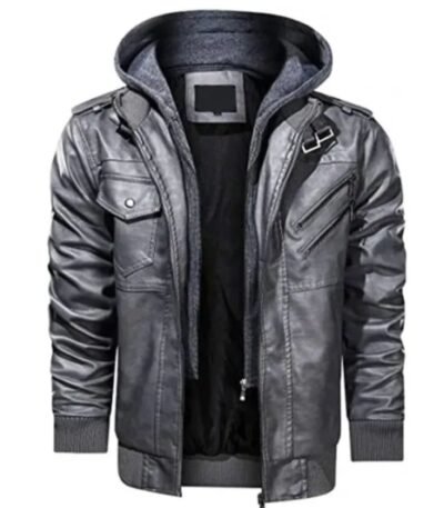 Mens Motorcycle Bomber Removable Hood Grey Leather Jacket
