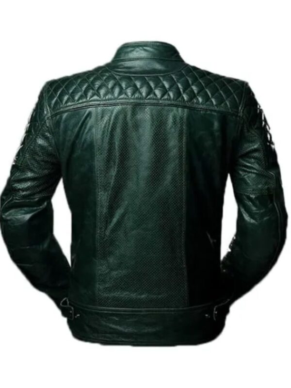 Mens Quilted Cafe Racer Biker Sheepskin Leather Jacket