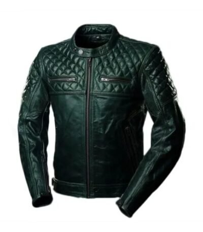 Mens Quilted Cafe Racer Biker Sheepskin Leather Jacket