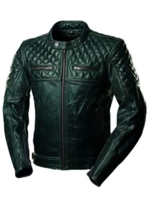 Mens Quilted Cafe Racer Biker Sheepskin Leather Jacket