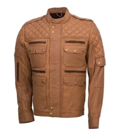 Men's Quilted Tan Brown Sheepskin Leather Jacket
