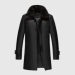 Mens Real Lambskin Leather Black Sherpa Mid Length Coat