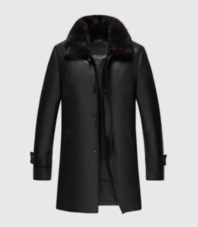 Mens Real Lambskin Leather Black Sherpa Mid Length Coat