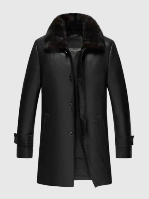 Mens Real Lambskin Leather Black Sherpa Mid Length Coat