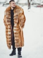 Men's Real Red Fox Fur Oversized Brown Warm Coat