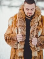 Men's Real Red Fox Fur Oversized Brown Warm Coat